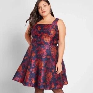 Modcloth Navy and Red Floral Midi Dress